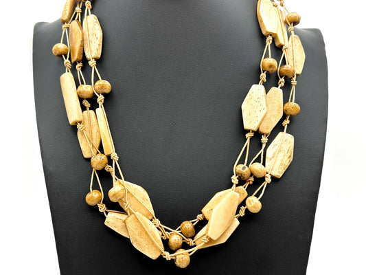Vintage 70s Multi-Strand Macramé Organic Bead Boho Necklace - Tan & Beige 21.5"