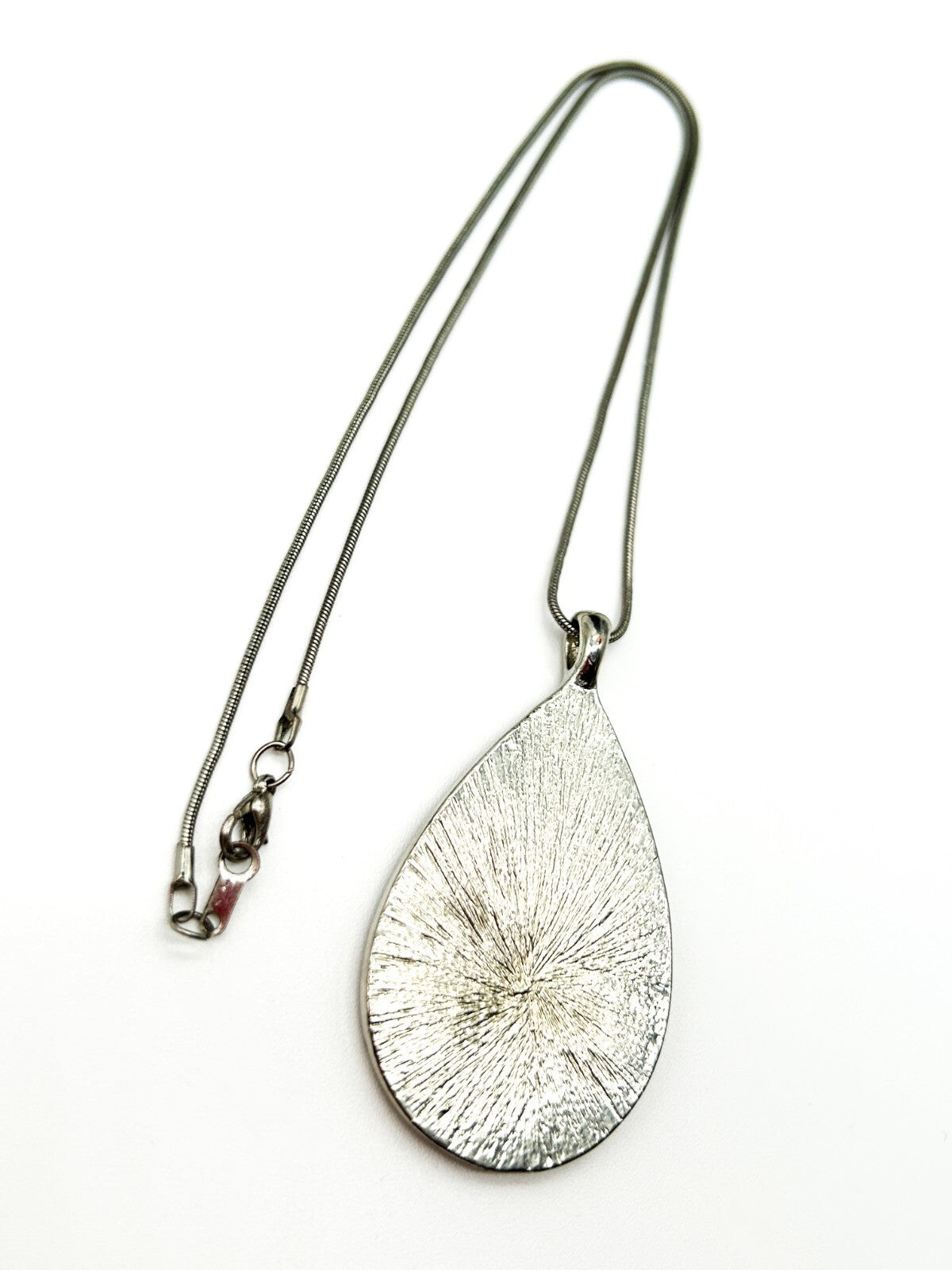 Large Abalone Shell Teardrop Pendant Necklace Snake Chain Silver Tone 17in