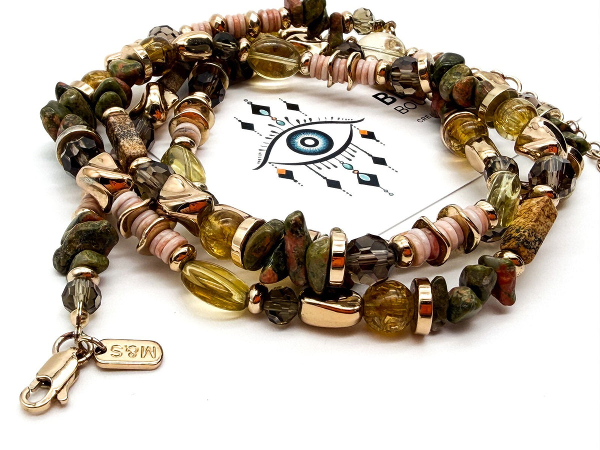M&S Long Beaded Necklace Unakite Jasper Shell Multi Strand Earth Tone Statement
