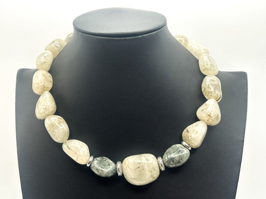 Chunky Rutilated Quartz Statement Necklace with Silver Tone Spacers - Gemstone