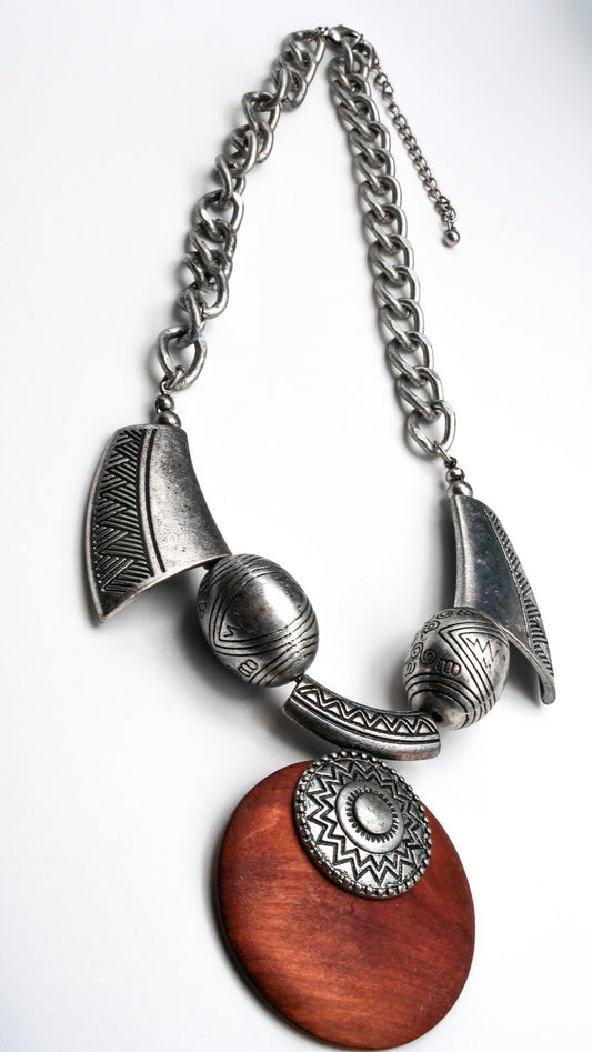 Boho Wood Disc & Silver Collar Statement Necklace