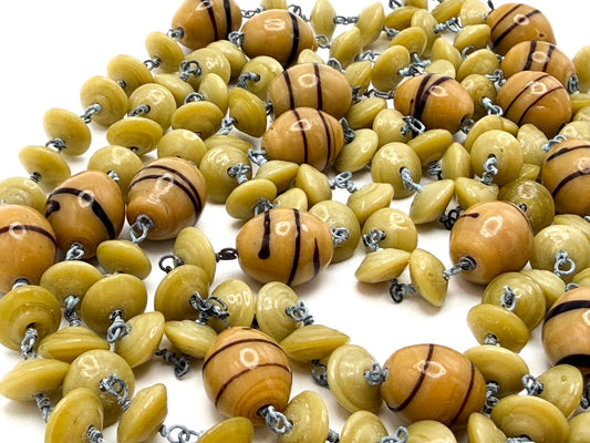 Vintage Venetian Style Glass Bead Necklace Mustard & Olive Disc Barrel Detail