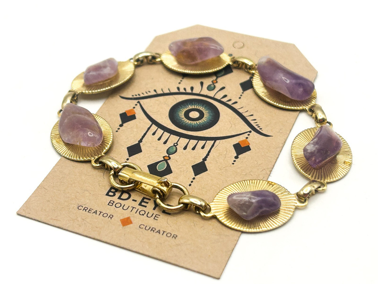Vintage Gold Tone & Amethyst Nugget Link Bracelet – 8”