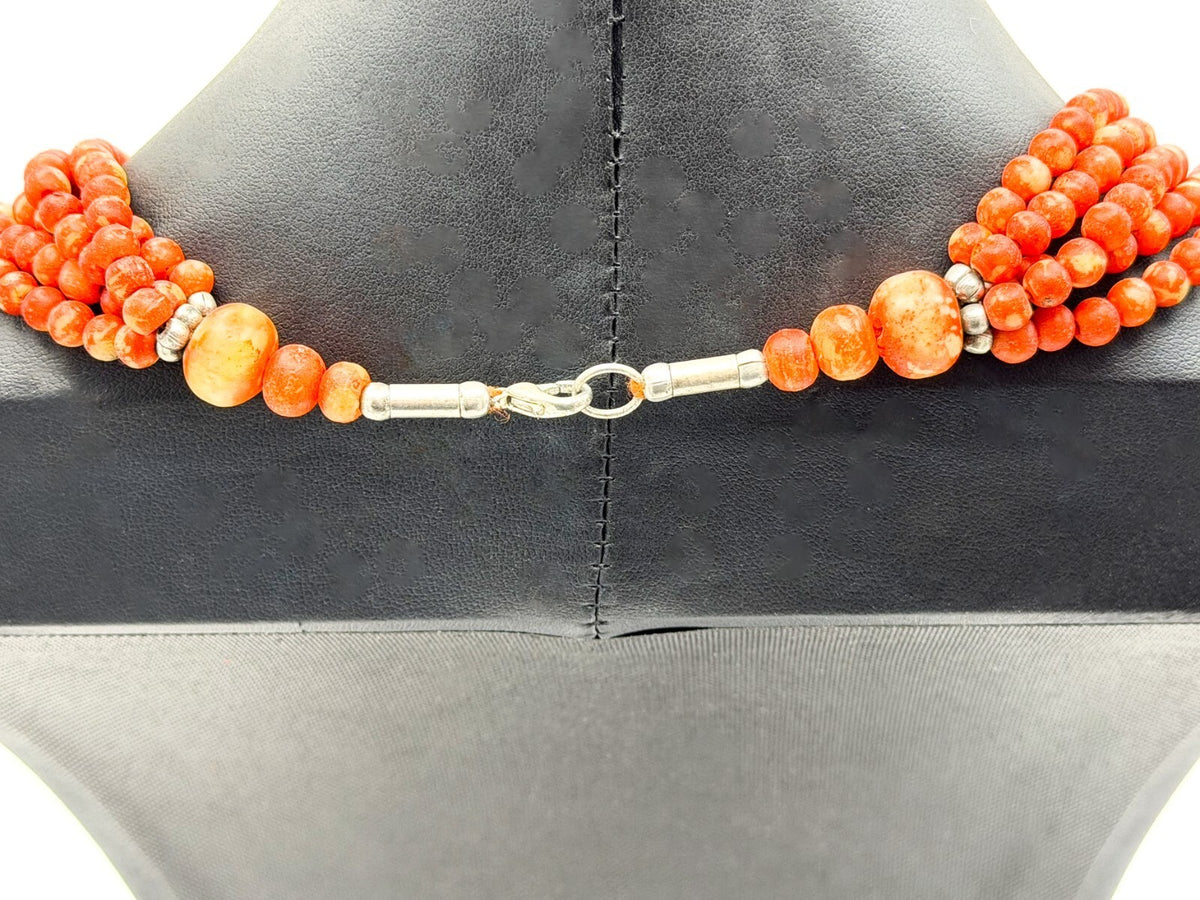 Multi Strand Red Coral Bead Necklace Ornate Oval Pendant 19 Inch Statement