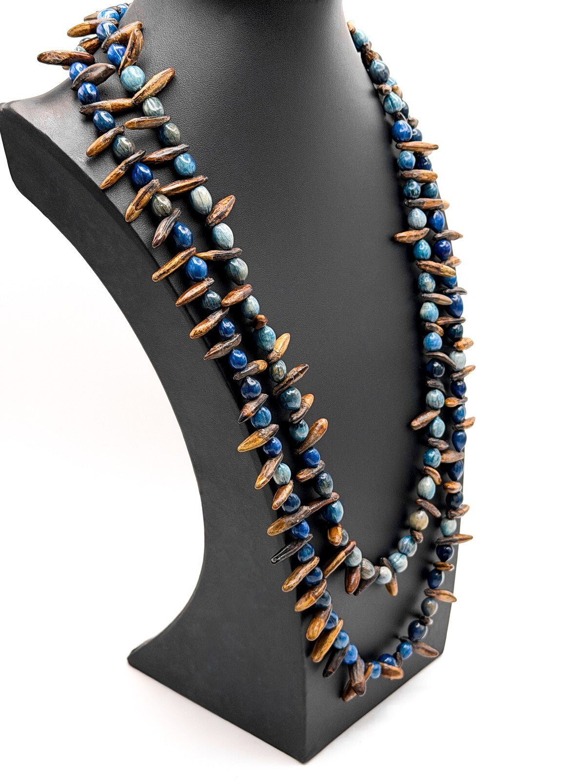 Blue & Brown Dyed Seed Long Boho Necklace