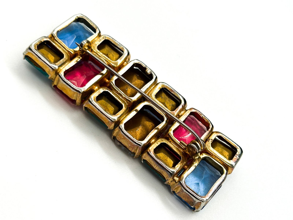 Antique Art Deco Czech Glass Rhinestone Bar Brooch Multicolour C Clasp 6cm