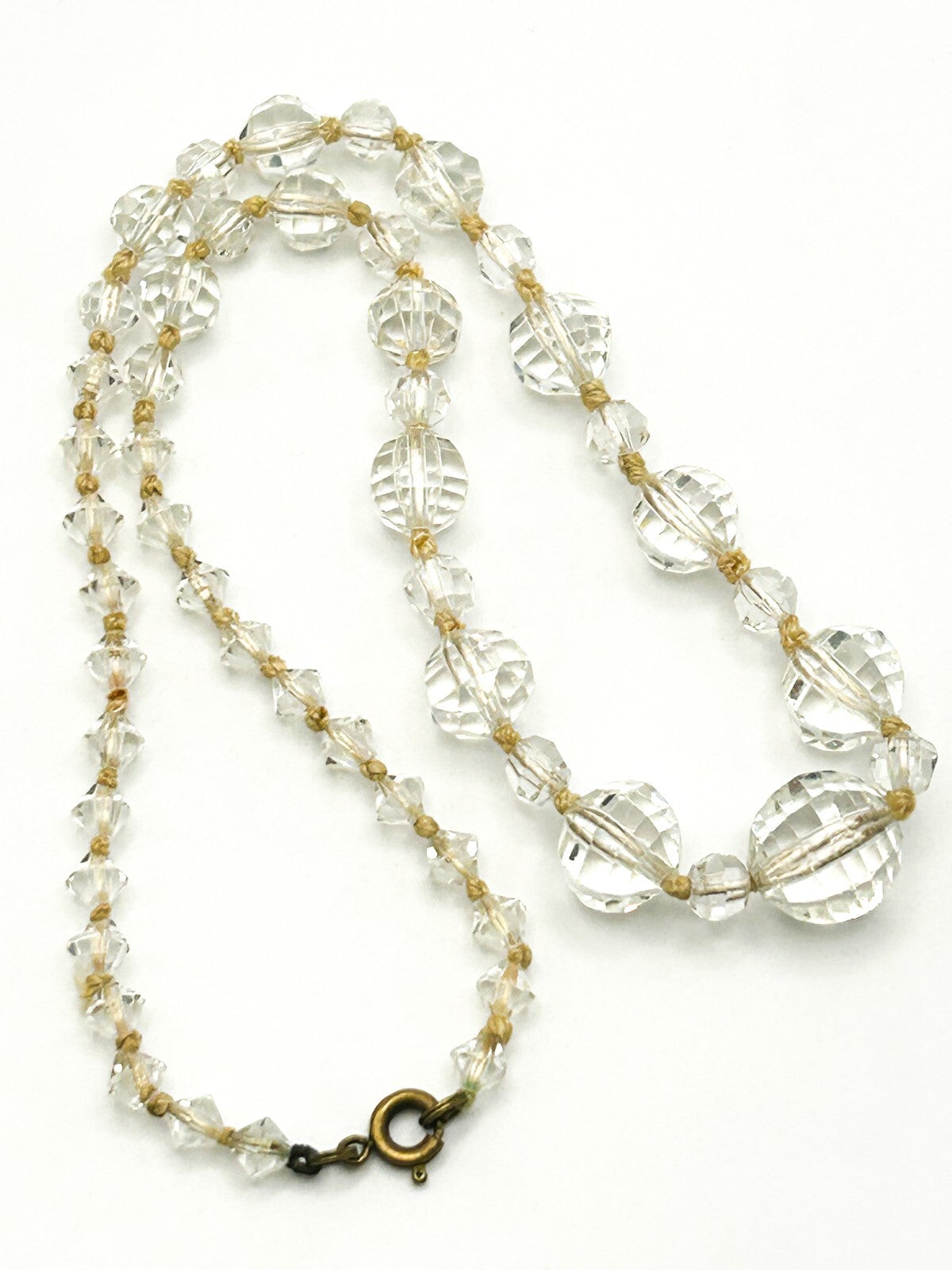 Graduated Clear Crystal Glass Bead Necklace with Faceted Round & Bicone Beads