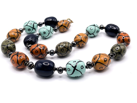 Vintage Porcelain Barrel Bead Necklace Hematite & Glass Accents, 128g, 22.5in
