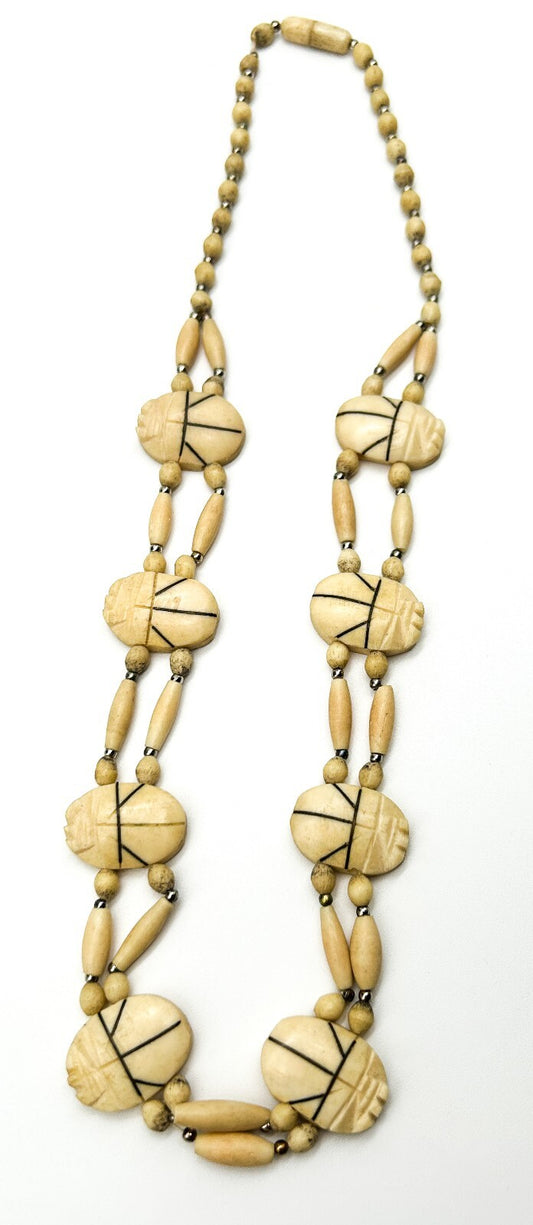 Vintage Carved Scarab Necklace Organic Material Egyptian Revival Beaded 21”