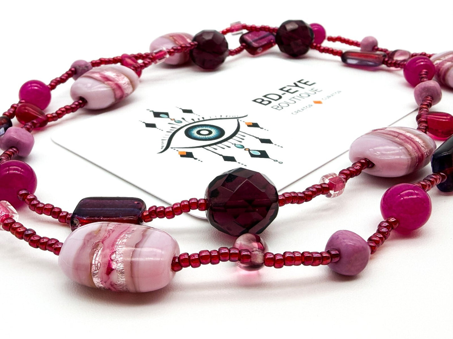 Murano Style Pink Art Glass Necklace Venetian Foil Beads Continuous Strand
