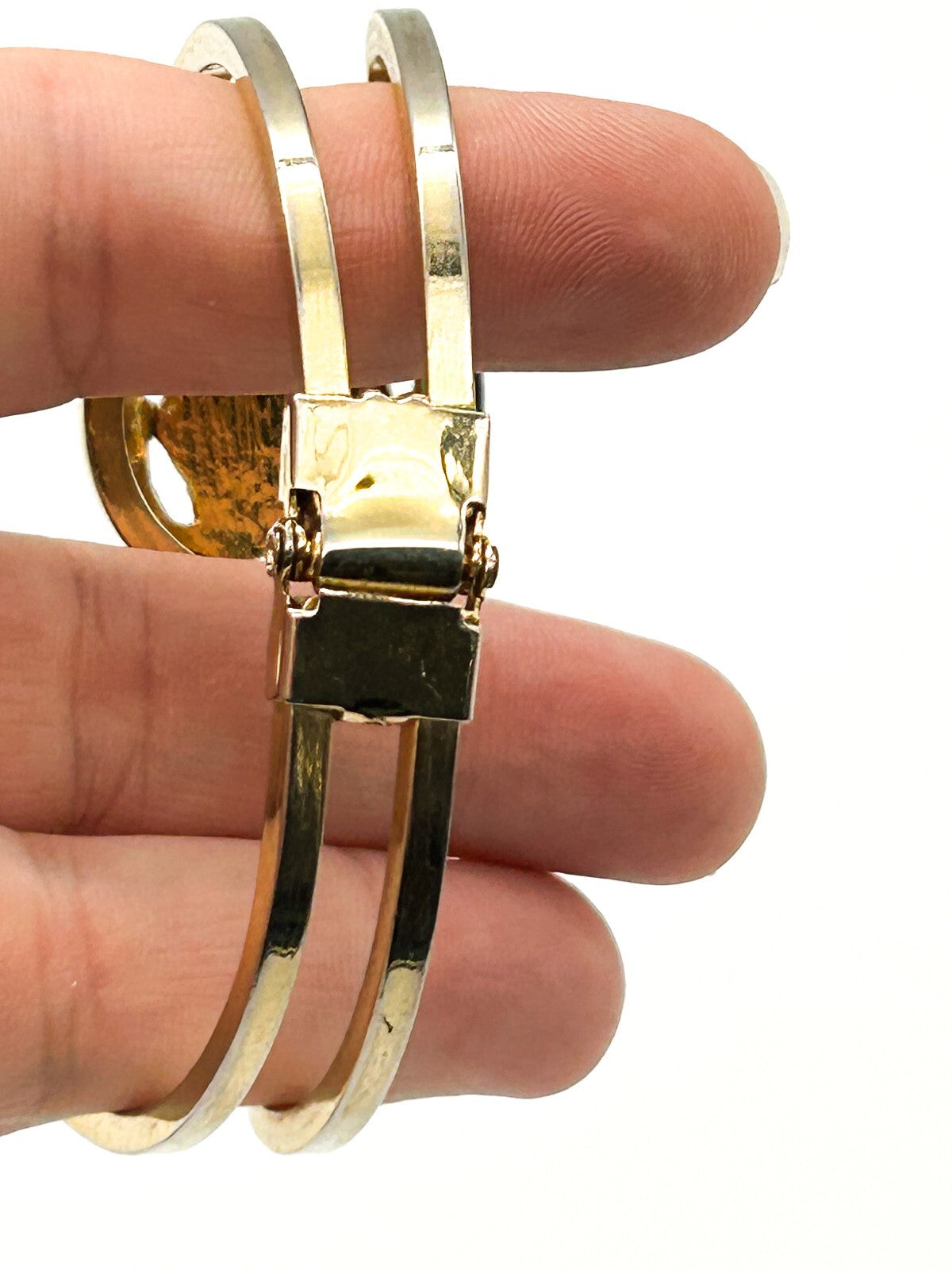 Vintage Gold Tone Faux Jade Glass Clamper Bangle Hinged Bracelet
