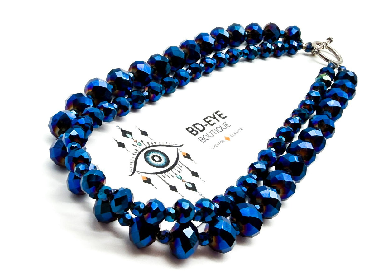 Multi Strand Blue Purple Iridescent Oil Slick Glass Beaded Necklace 925 Toggle