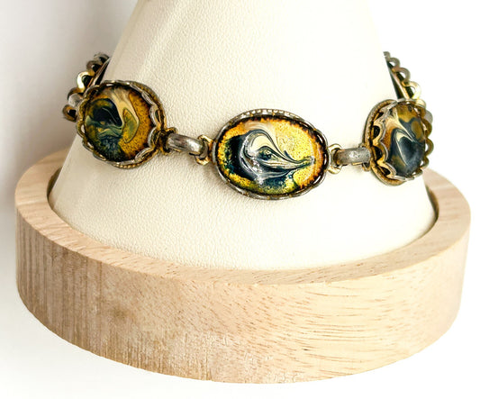 Vintage Enamel Panel Bracelet Gold Blue White Marbled Swirl Oval Bracelet 7.5”