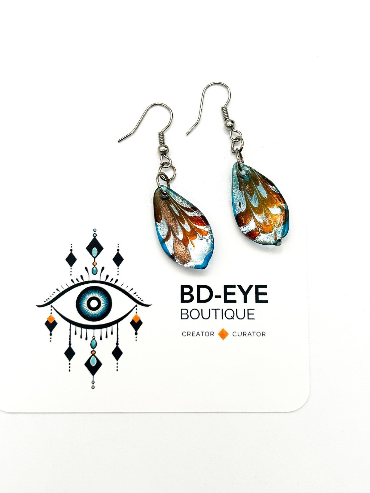 Vintage Blue Copper Metallic Art Glass Drop Earrings Teardrop Foil Glass Dangle