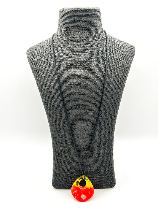 Art Glass Pendant Necklace Yellow Orange Abstract Glass Contemporary Black Cord