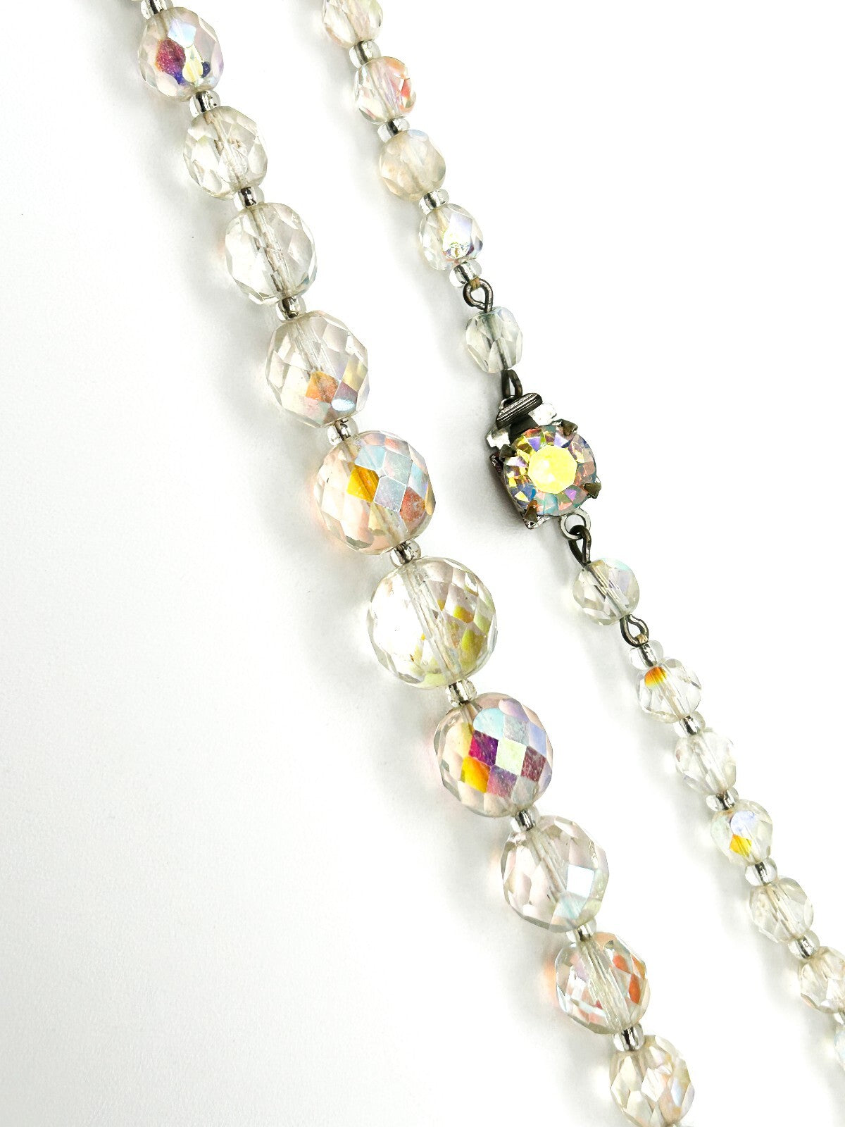Vintage Aurora Borealis Crystal Necklace Faceted Glass Rhinestone Box Clasp 18"