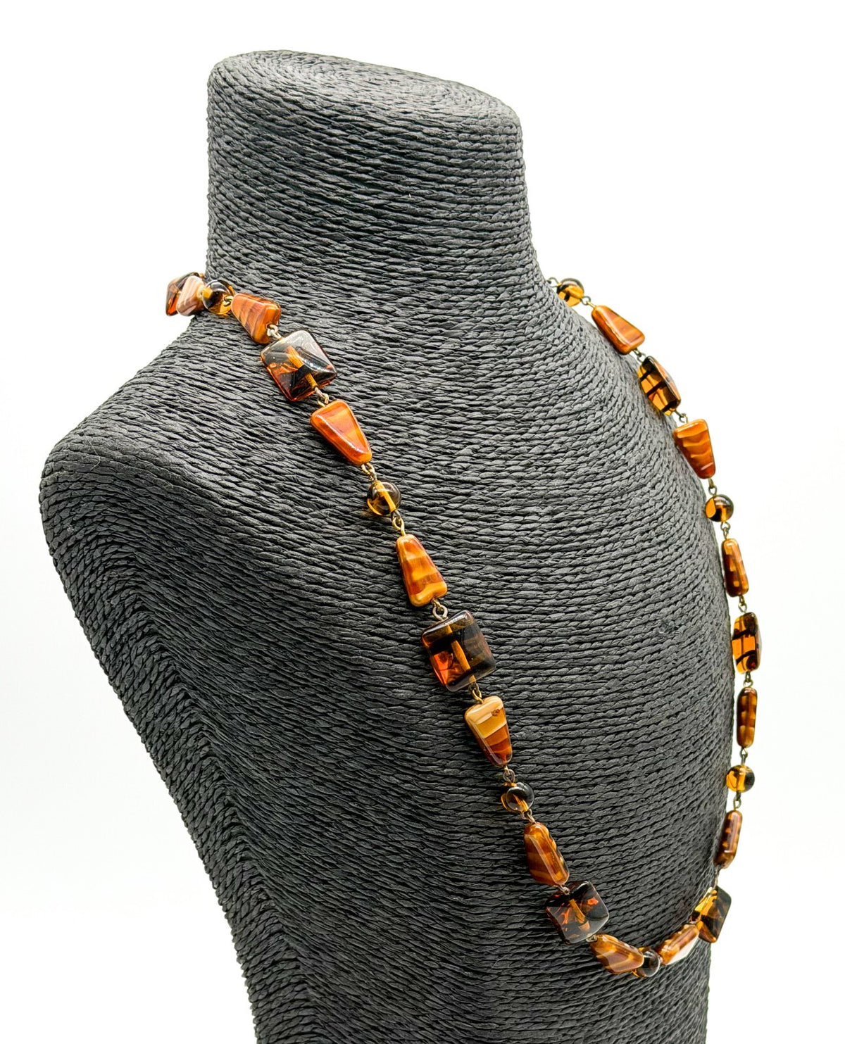 Vintage Amber Art Glass Necklace Givre Black Stripe Geometric Beads 24.5 Inch