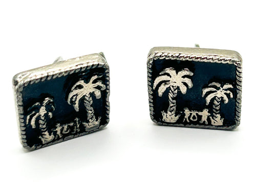 Vintage Egyptian Revival Palm Tree Enamel Cufflinks Silver Plated Figural Scene