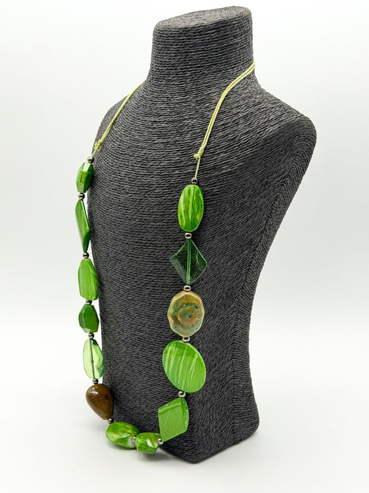 Chunky Lime Green Acrylic & Ceramic Statement Necklace Boho Cord Necklace