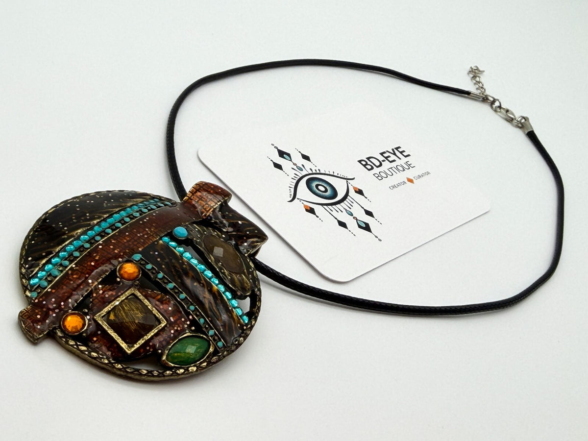 Ikita Paris Statement Pendant Necklace Brown Enamel Turquoise Rhinestone Cord