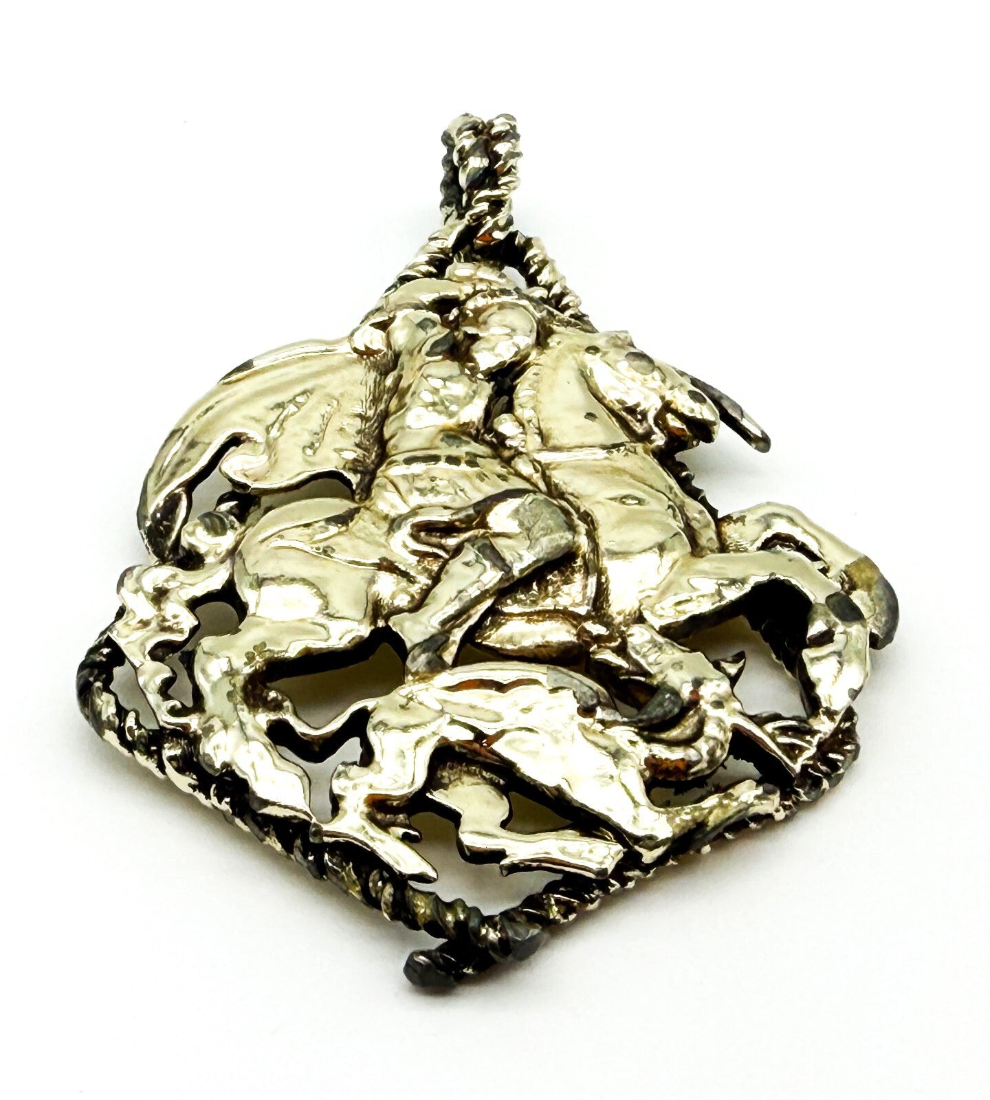 Vintage Jewelcraft St George and Dragon Pendant Gold Tone Signed 8.5cm Signed