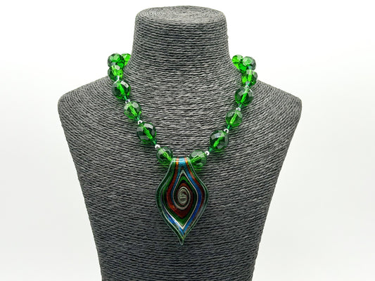 Murano Style Swirl Art Glass Pendant Necklace Green Crystal Glass Toggle Clasp