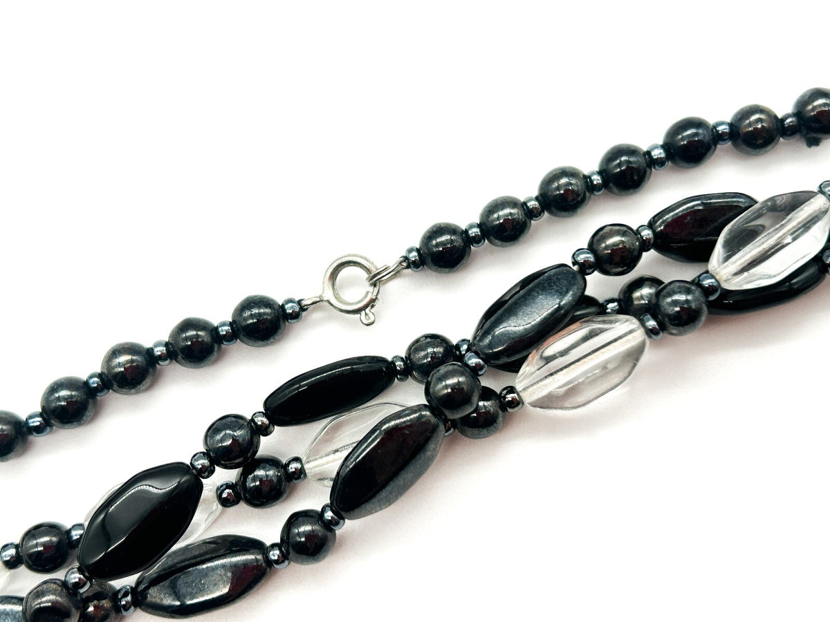 Vintage Black Clear Glass Triple Strand Twist Necklace Statement Beaded 26.5”