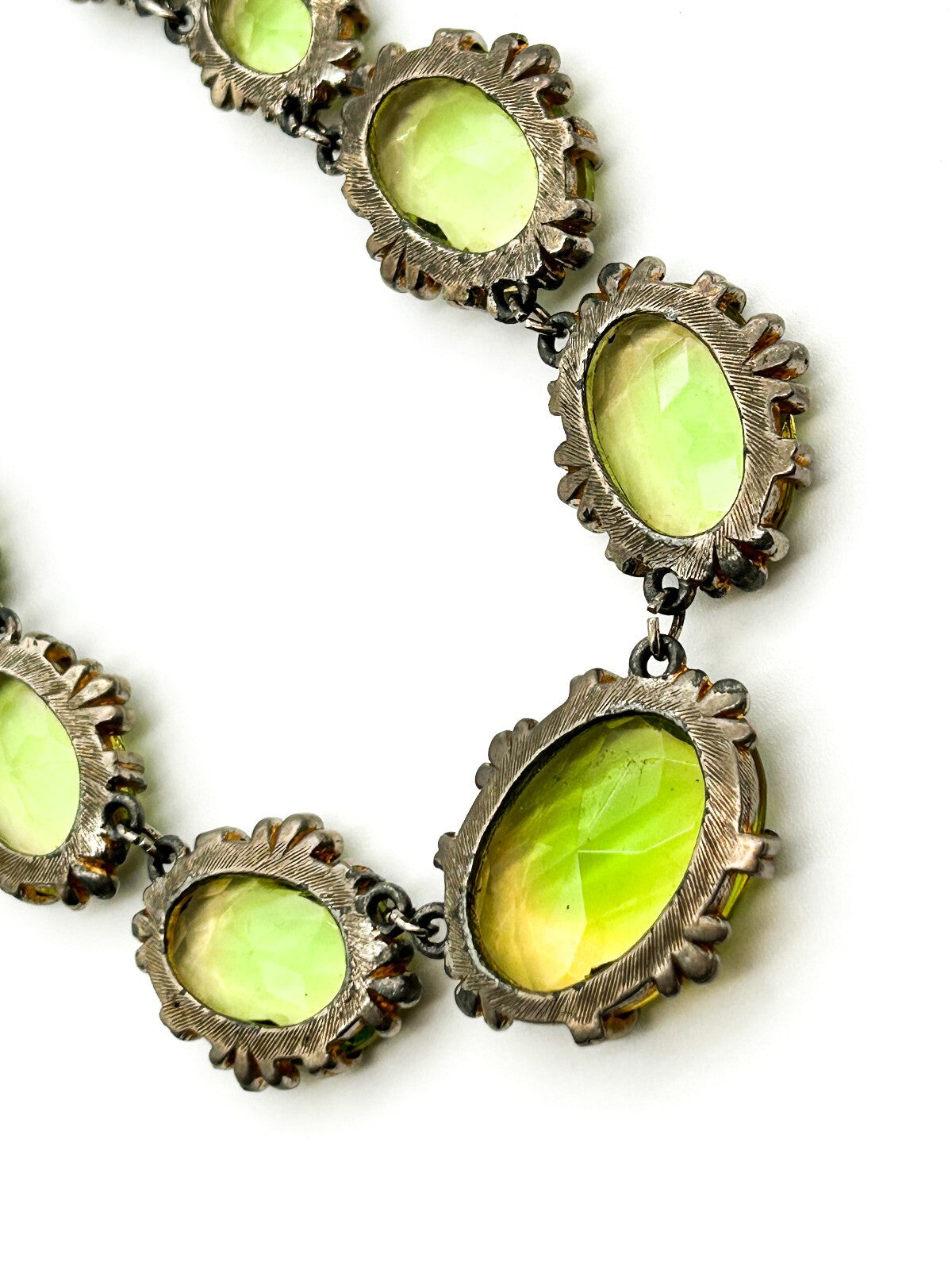 Vintage Lime Green Yellow Faceted Glass Statement Necklace Prong Oval Crystal