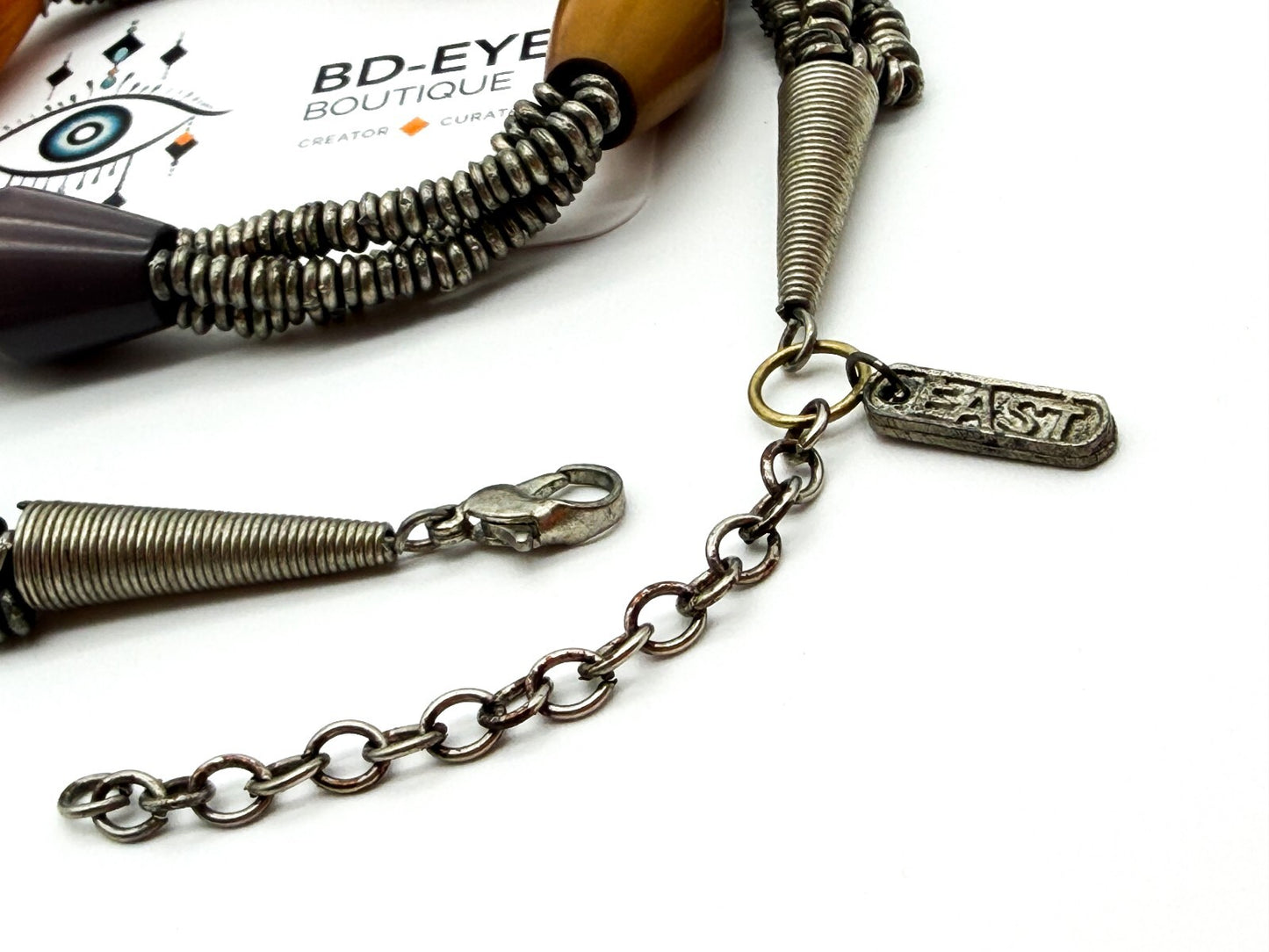 East Triple Strand Statement Necklace Silver Tone Coiled Beads Acrylic Bicone
