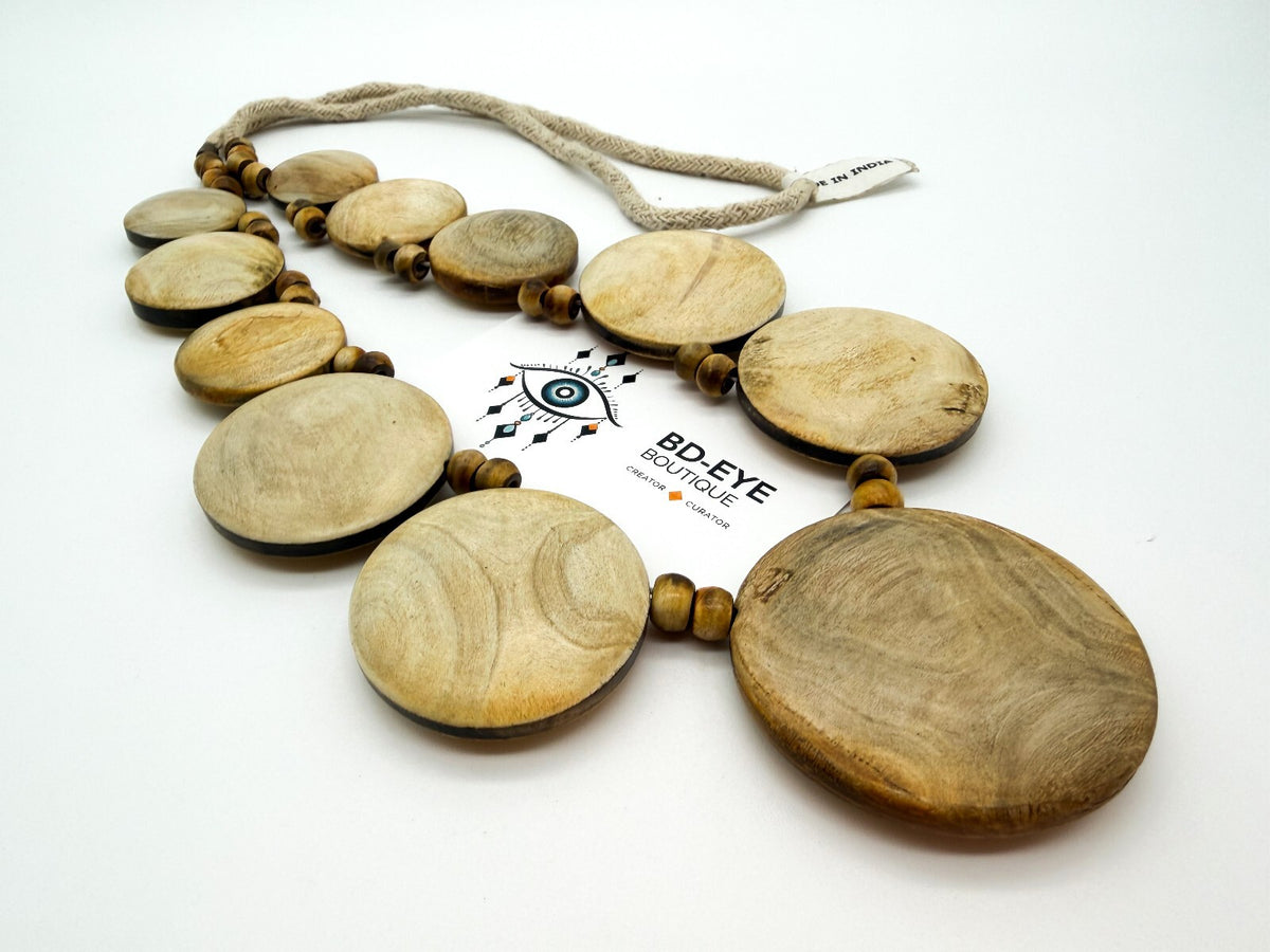 Bandolera Artisan Wooden Disc Necklace Long Statement Boho Natural Wood 19.5”