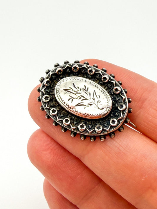 Antique Victorian Silver Tone Floral Engraved Oval Brooch Hinged Pin C Clasp