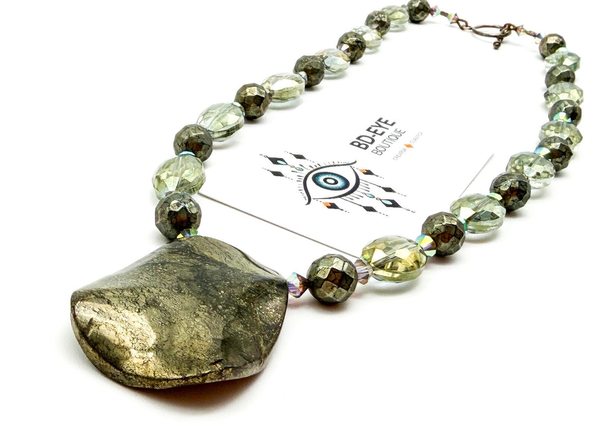 Natural Pyrite Statement Necklace Faceted Smoky AB Crystal Gemstone Pendant