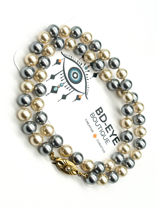 Vintage Grey Cream Glass Faux Pearl Necklace Hand Knotted Rhinestone Hook Clasp