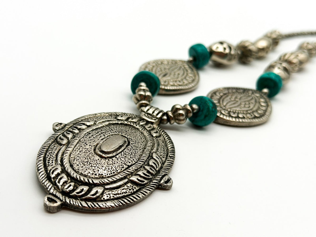 Large Silver Tone Medallion Statement Necklace Turquoise Howlite Boho Festival