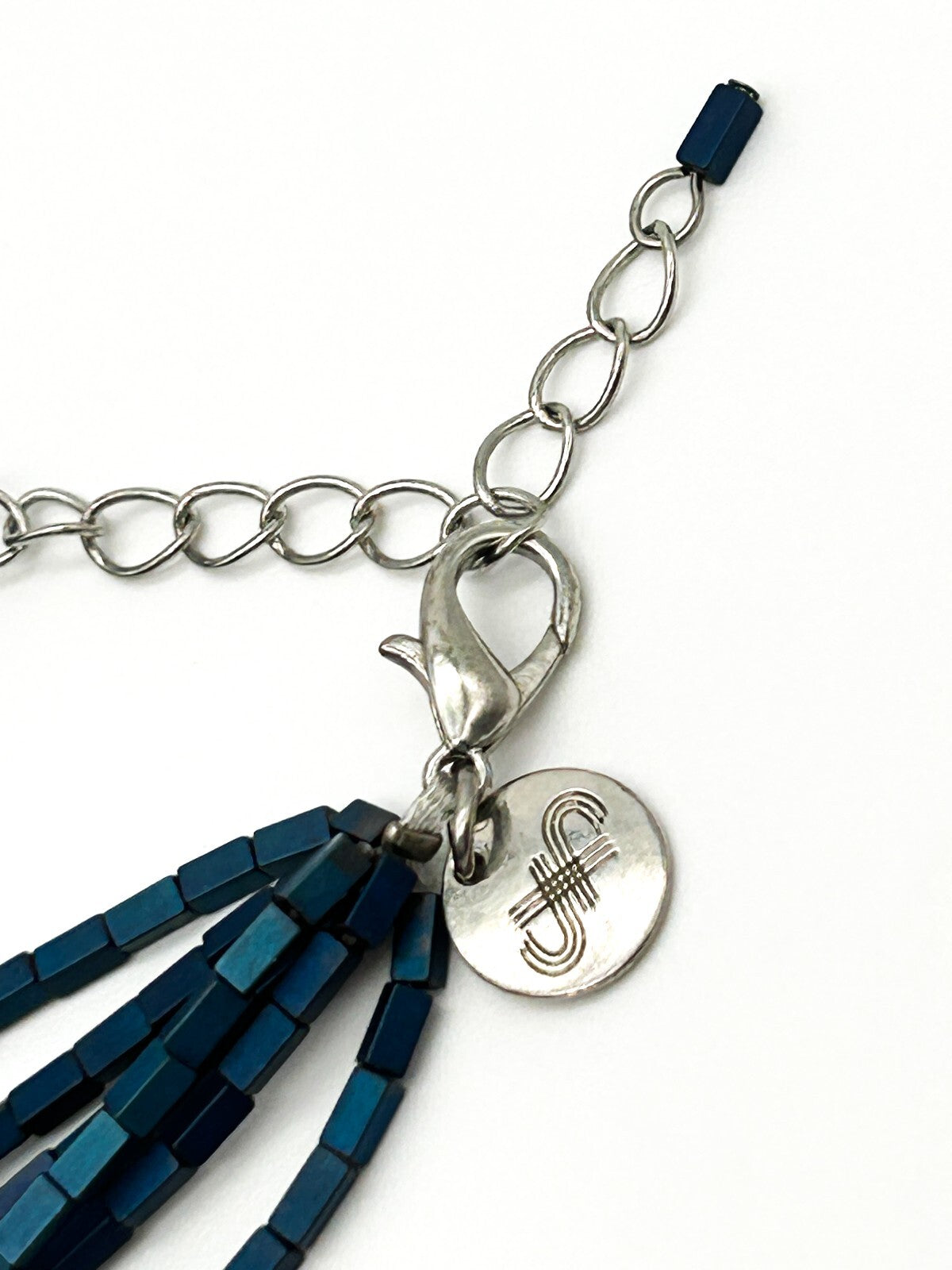 Blue Hematite Multi Strand Necklace Iridescent Rectangular Beads 19”