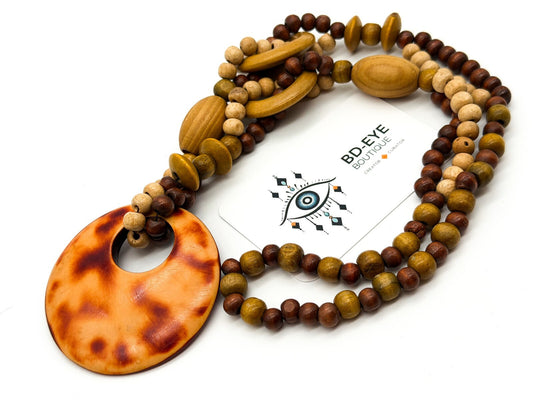 Boho Wood & Resin Statement Necklace Large Disc Pendant Natural Wooden Beads