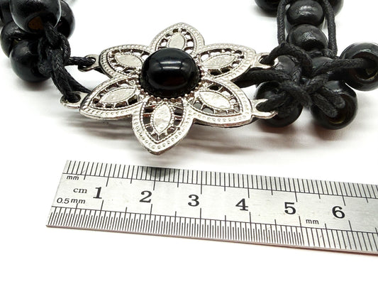 Vintage Black Wooden Bead Tie Belt Multi Strand Boho Floral Silver Tone