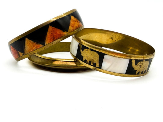 Vintage Brass Bangle Trio Mother of Pearl Elephant Coral Inlay Made in India