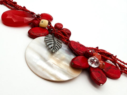 Red Coral Mother of Pearl Floral Necklace Multi Strand Boho Statement Flower