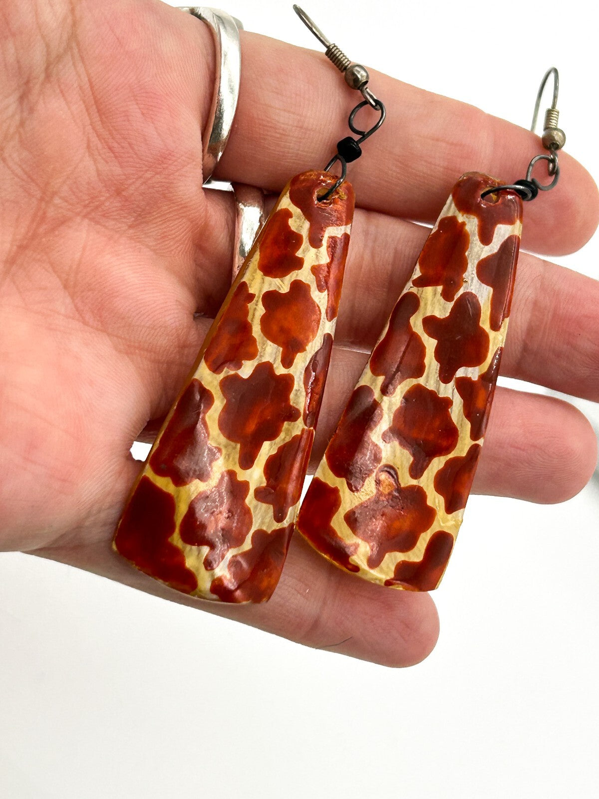 Vintage Hand Painted Organic Material Giraffe Print Drop Earrings Safari Boho