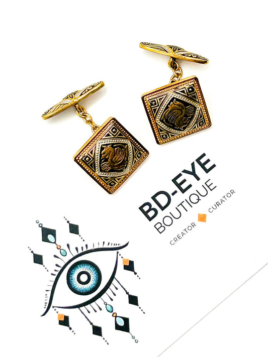 Vintage Toledo Damascene Dragon Cufflinks Gold Plated Spanish Cuff Links