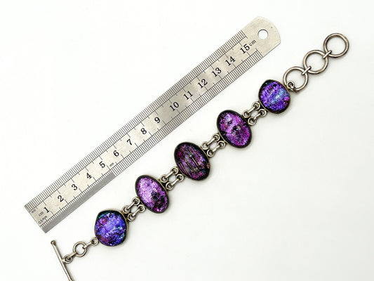 925 Sterling Silver Dichroic Glass Bracelet Purple Pink Artisan Panel Bracelet