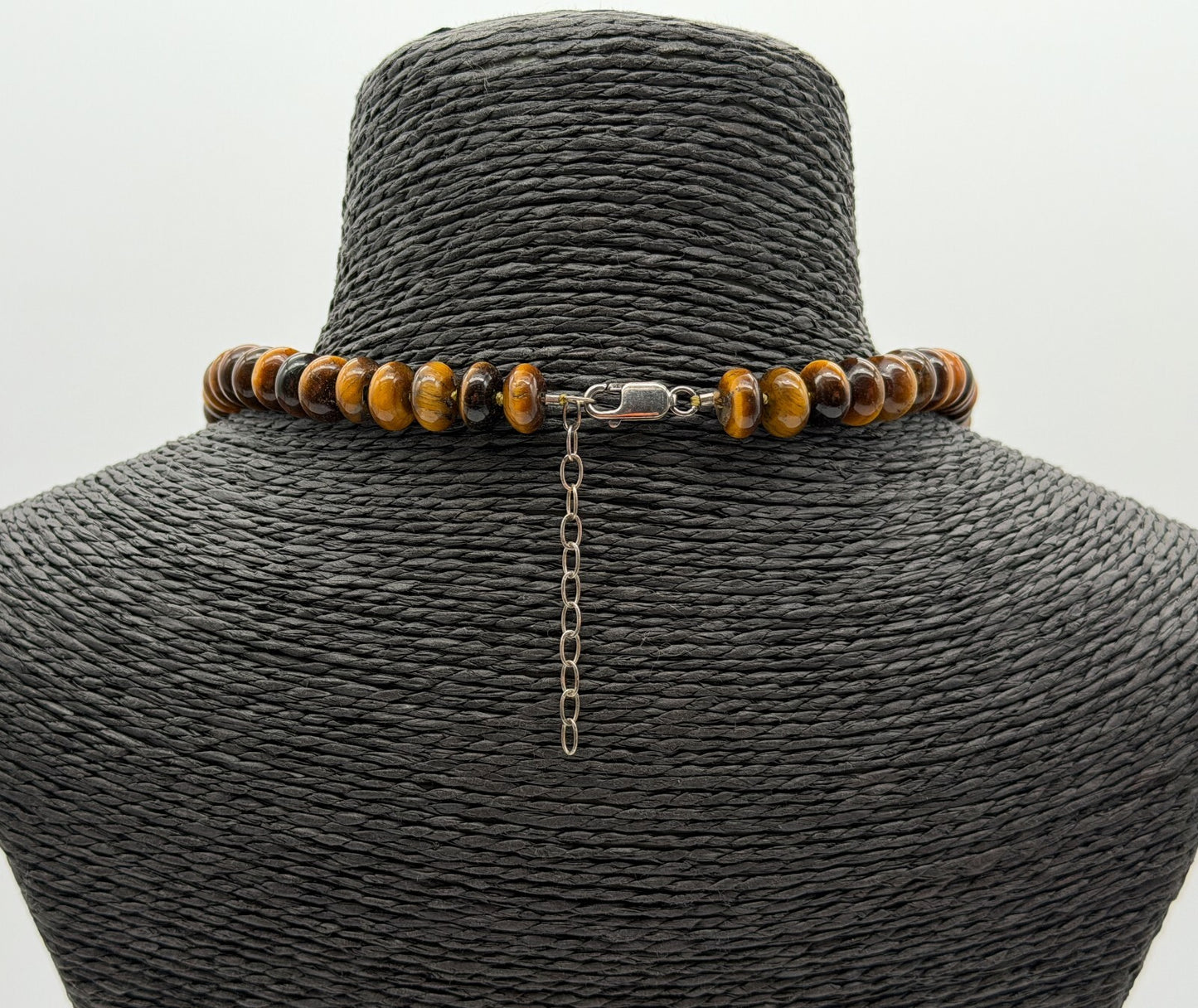 Tiger Eye Disc Bead Necklace Hand Knotted 925 Sterling Silver Clasp Boho 20" 66g