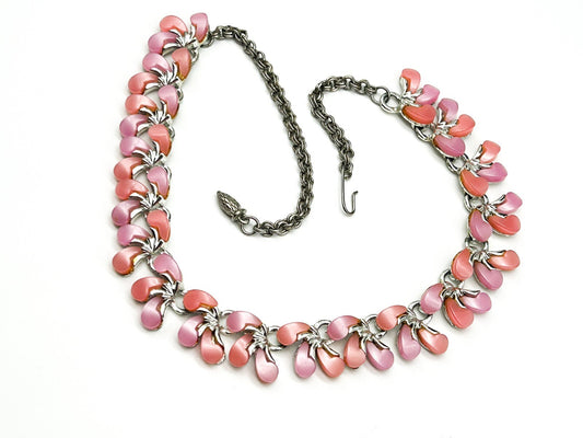 Vintage Unsigned Coro Pink Floral Thermoset Lucite Moonglow Moonray Necklace