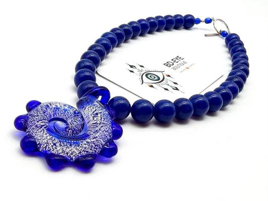 Cobalt Blue Agate Necklace Art Glass Swirl Spiral Pendant Statement Murano-style