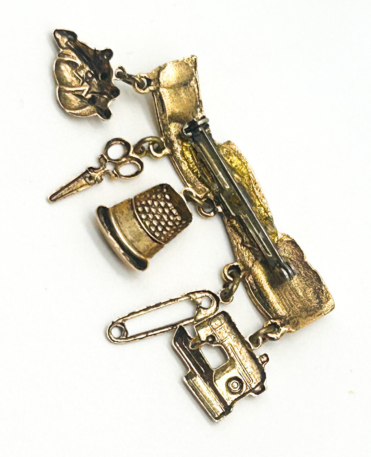 Vintage Gold Tone Sewing Tape Measure Charm Bar Brooch Sewing Machine Scissors