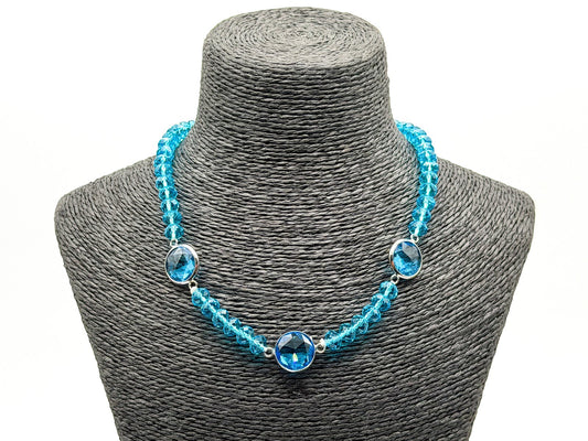Turquoise Blue Faceted Glass Station Necklace Silver Tone Magnetic Clasp Holiday