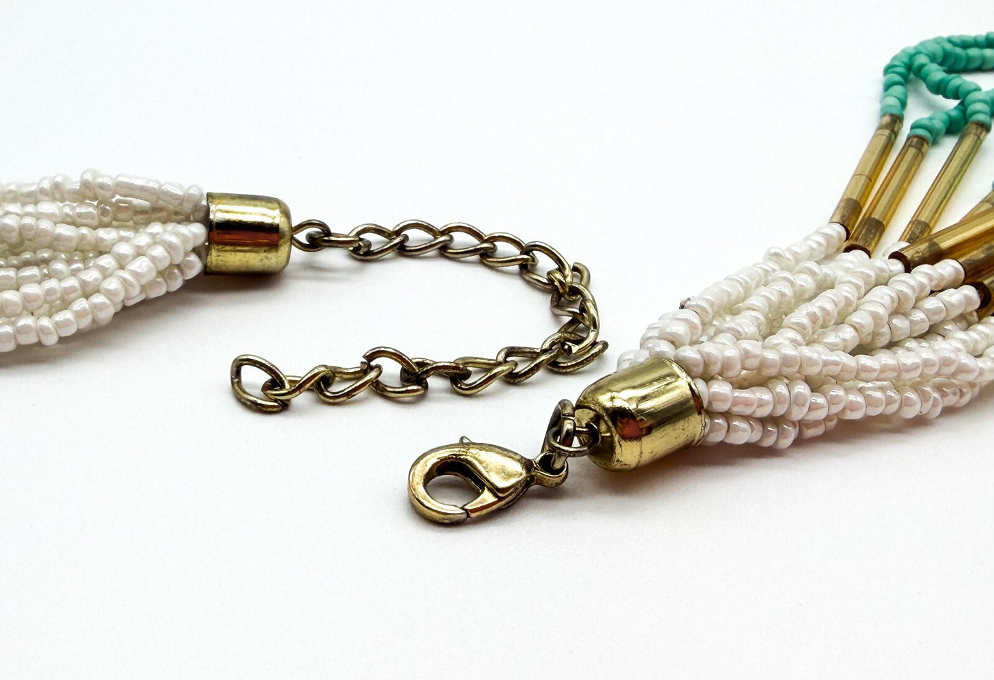 Boho Multi Strand Turquoise White Beaded Necklace Gold Tone Statement Festival