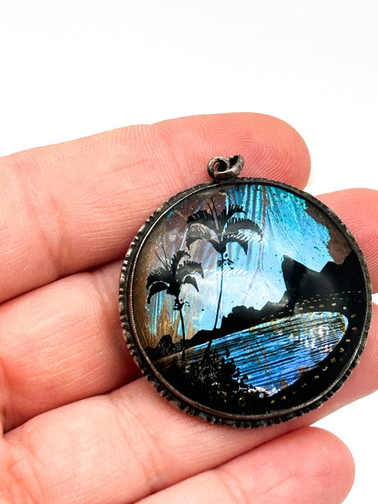 Vintage Art Deco A.W. Rio 920 Silver Morpho Butterfly Wing Pendant Bubble Glass