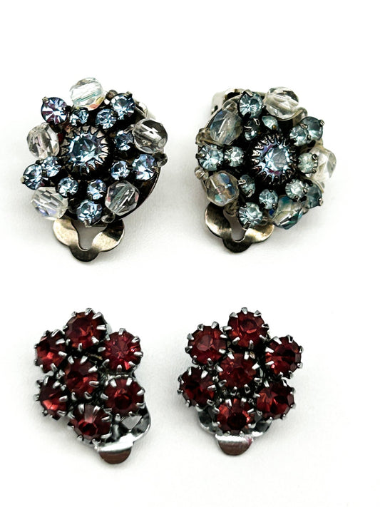 Vintage Clip On Rhinestone Earrings Bundle Blue Clear Pink Red Flower Cluster